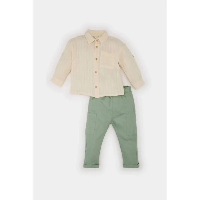 Defacto E5317 Ekru Erkek Bebek 2li Takım Uzun Kollu Gömlek Beli Lastikli Pantolon
