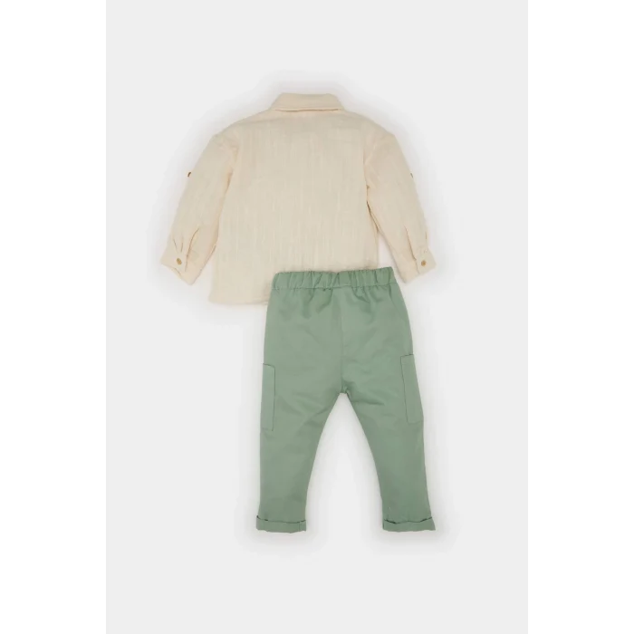 Defacto E5317 Ekru Erkek Bebek 2li Takım Uzun Kollu Gömlek Beli Lastikli Pantolon