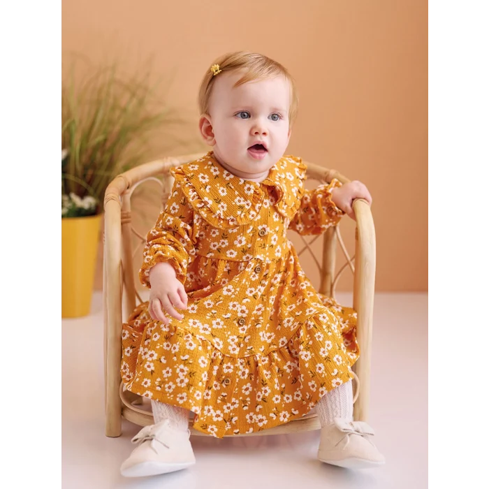 LCW baby SARI Gömlek Yaka Çiçekli Kız Bebek Elbise