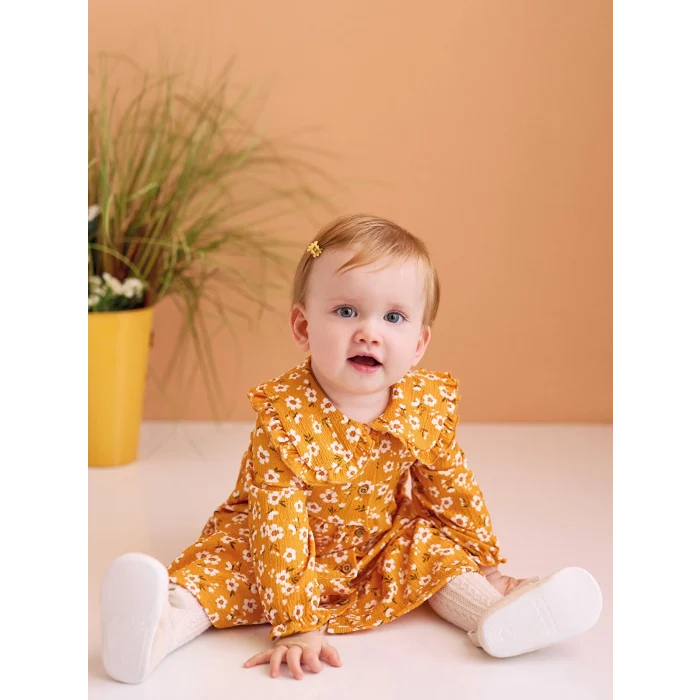 LCW baby SARI Gömlek Yaka Çiçekli Kız Bebek Elbise