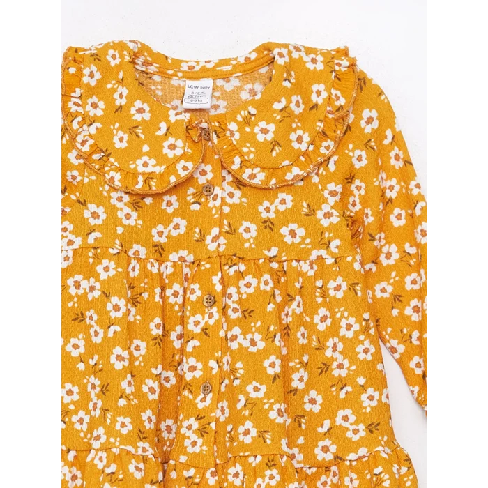 LCW baby SARI Gömlek Yaka Çiçekli Kız Bebek Elbise