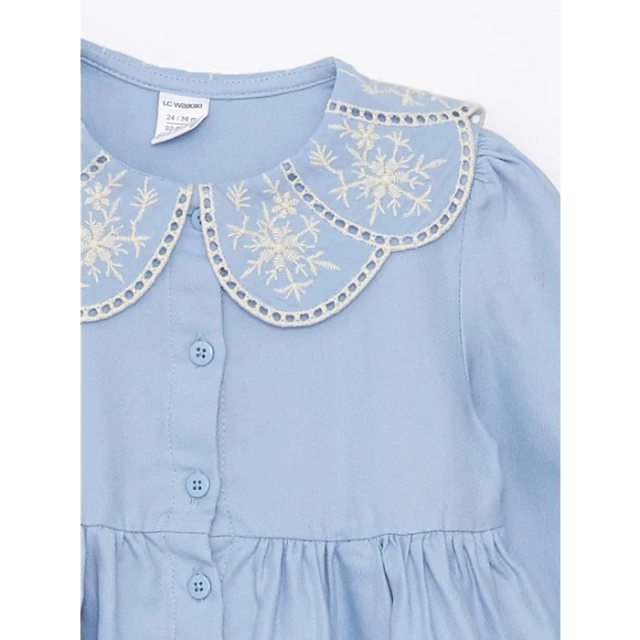 LCW Kids MAVİ Bebe Yaka Uzun Kollu Kız Bebek Elbise