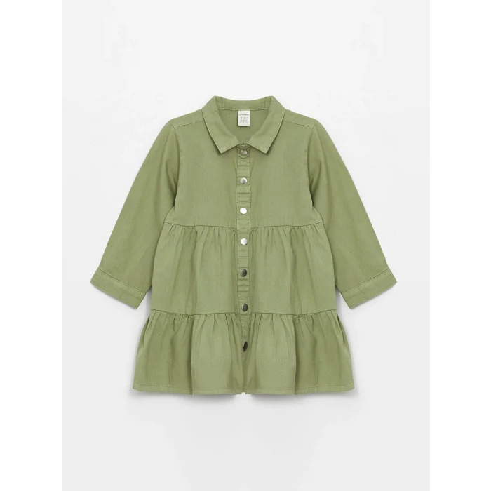 LCW Kids YEŞİL Gömlek Yaka Uzun Kollu Kız Bebek Elbise