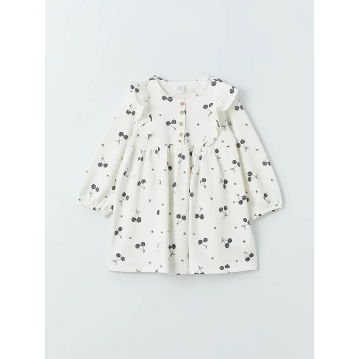LCW Kids EKRU Bisiklet Yaka Uzun Kollu Desenli Kız Bebek Elbise