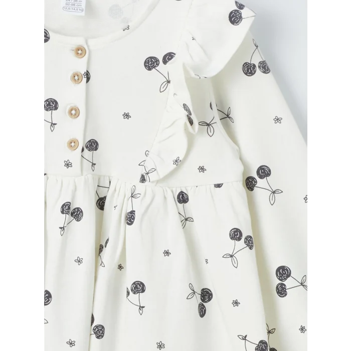 LCW Kids EKRU Bisiklet Yaka Uzun Kollu Desenli Kız Bebek Elbise