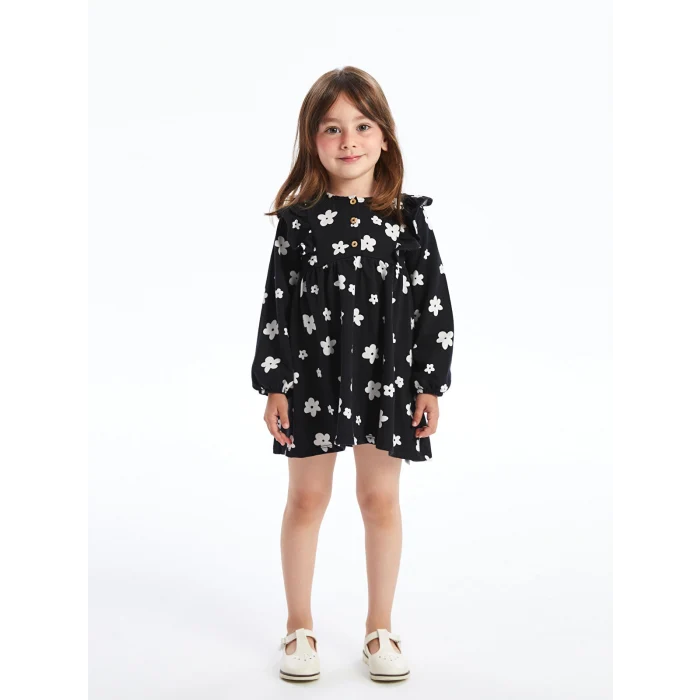 LCW Kids SİYAH Bisiklet Yaka Uzun Kollu Desenli Kız Bebek Elbise