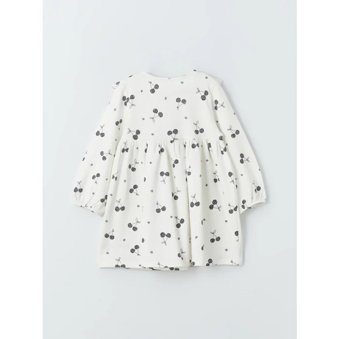 LCW Kids EKRU Bisiklet Yaka Uzun Kollu Desenli Kız Bebek Elbise