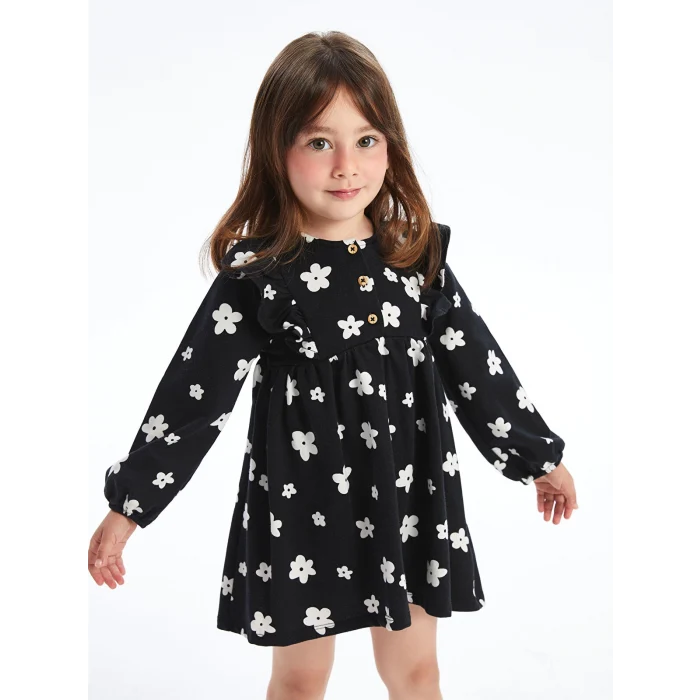 LCW Kids SİYAH Bisiklet Yaka Uzun Kollu Desenli Kız Bebek Elbise