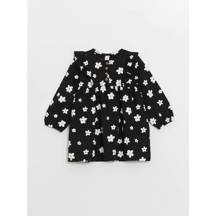 LCW Kids SİYAH Bisiklet Yaka Uzun Kollu Desenli Kız Bebek Elbise