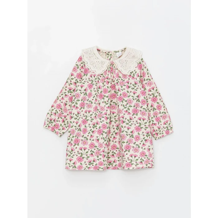 LCW Kids EKRU Bebe Yaka Kısa Kollu Çiçek Desenli Kız Bebek Elbise