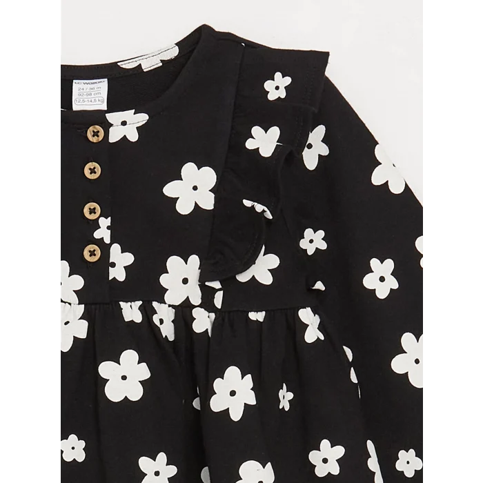 LCW Kids SİYAH Bisiklet Yaka Uzun Kollu Desenli Kız Bebek Elbise