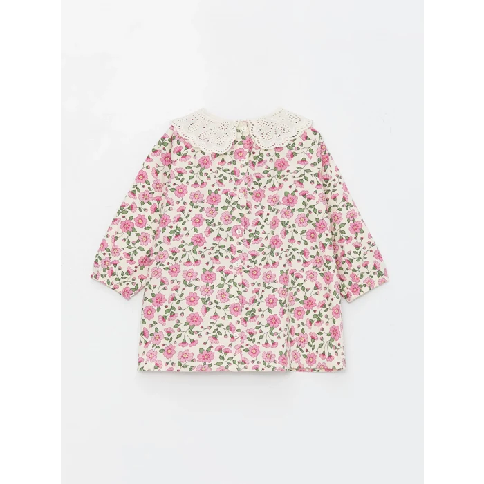 LCW Kids EKRU Bebe Yaka Kısa Kollu Çiçek Desenli Kız Bebek Elbise