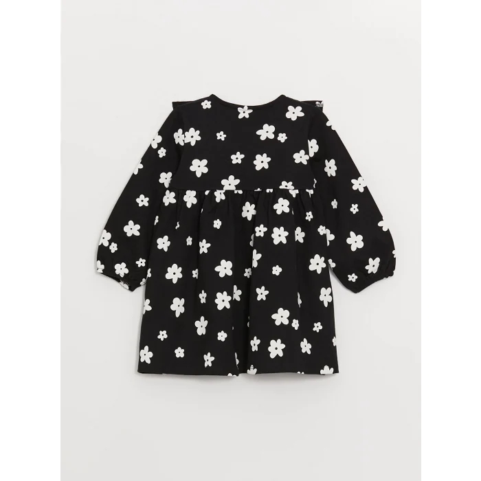 LCW Kids SİYAH Bisiklet Yaka Uzun Kollu Desenli Kız Bebek Elbise