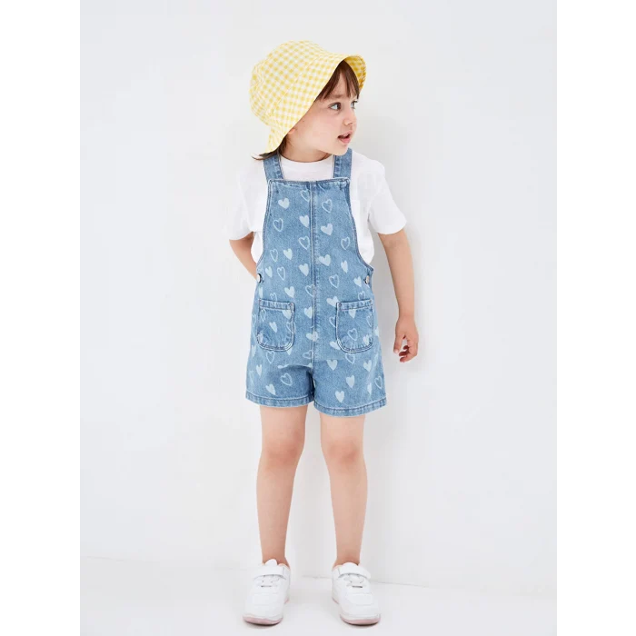 LCW Kids İNDİGO Kare Yaka Askılı Çiçekli Jean Bebek Solopet