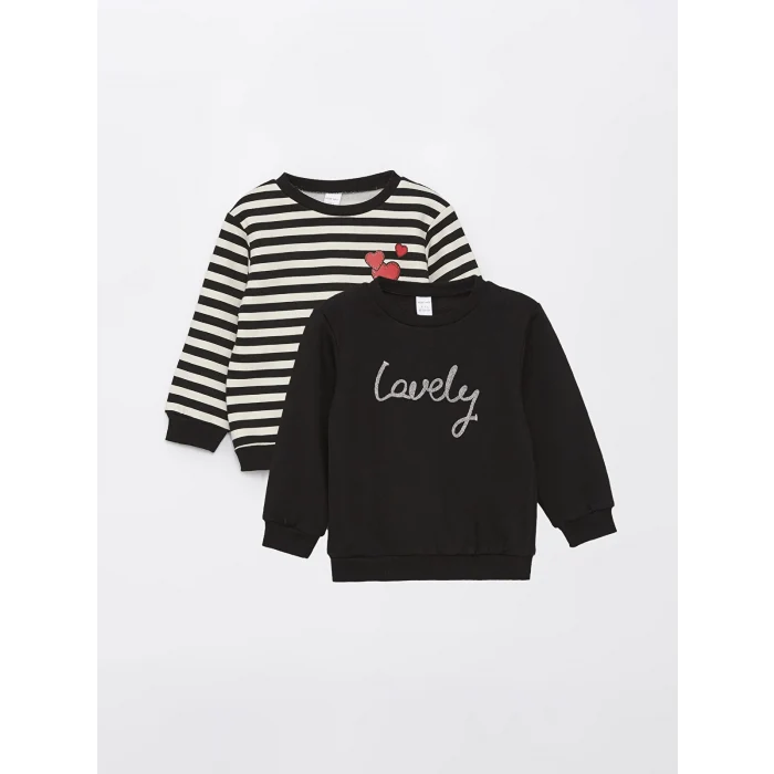 LCW Kids SİYAH Bisiklet Yaka Baskılı Kız Bebek Sweatshirt 2li