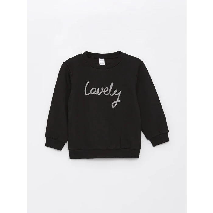 LCW Kids SİYAH Bisiklet Yaka Baskılı Kız Bebek Sweatshirt 2li