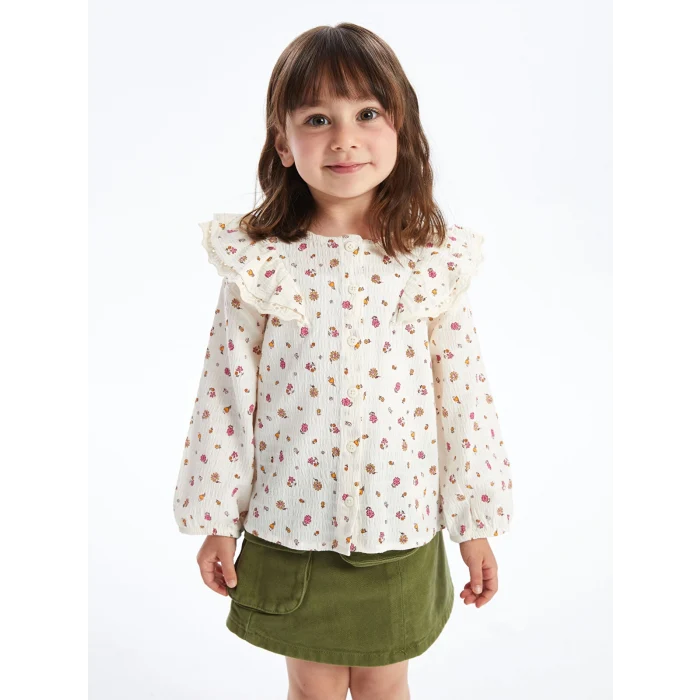LCW Kids EKRU Bebe Yaka Uzun Kollu Çiçek Desenli Kız Bebek Gömlek