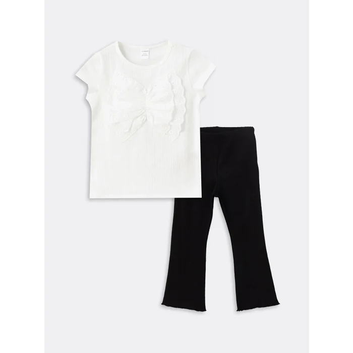 LCW Kids EKRU Bisiklet Yaka Kısa Kollu Kız Bebek Bluz ve Tayt 2li Takım