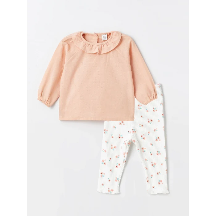 LCW baby PEMBE Bebe Yaka Uzun Kollu Baskılı Kız Bebek Bluz ve Tayt 2li Takım