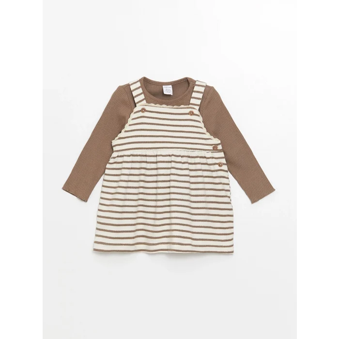 LCW baby EKRU Kare Yaka Çizgili Kız Bebek Elbise ve Tişört 2li Takım