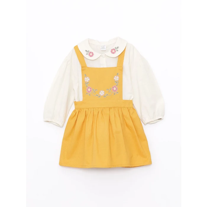 LCW Kids EKRU Bebe Yaka Uzun Kollu Kız Bebek Tişört ve Salopet Elbise 2li Takım