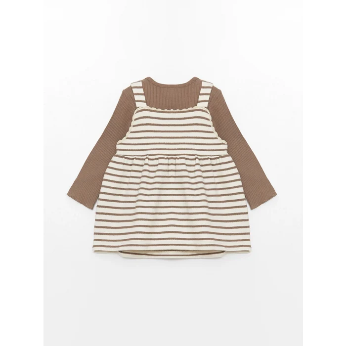 LCW baby EKRU Kare Yaka Çizgili Kız Bebek Elbise ve Tişört 2li Takım