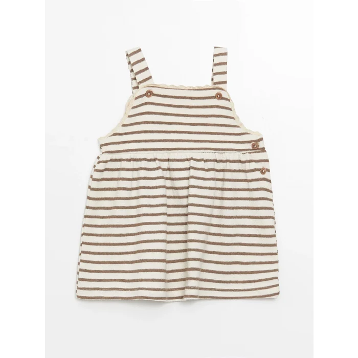 LCW baby EKRU Kare Yaka Çizgili Kız Bebek Elbise ve Tişört 2li Takım