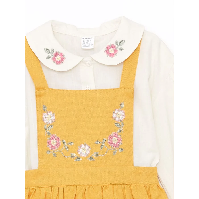 LCW Kids EKRU Bebe Yaka Uzun Kollu Kız Bebek Tişört ve Salopet Elbise 2li Takım