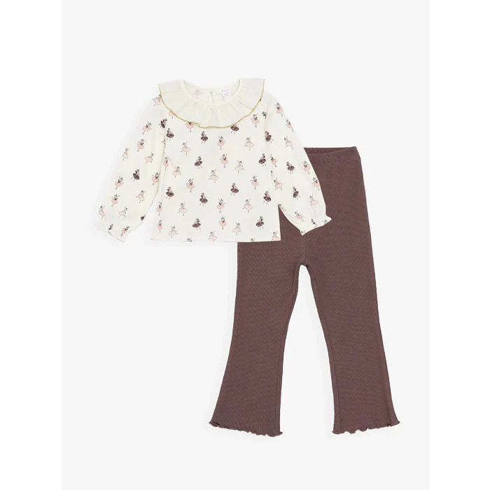 LCW Kids EKRU Bisiklet Yaka Uzun Kollu Baskılı Kız Bebek Bluz ve Tayt Pantolon 2li Takım