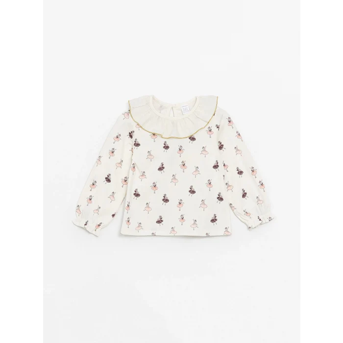 LCW Kids EKRU Bisiklet Yaka Uzun Kollu Baskılı Kız Bebek Bluz ve Tayt Pantolon 2li Takım