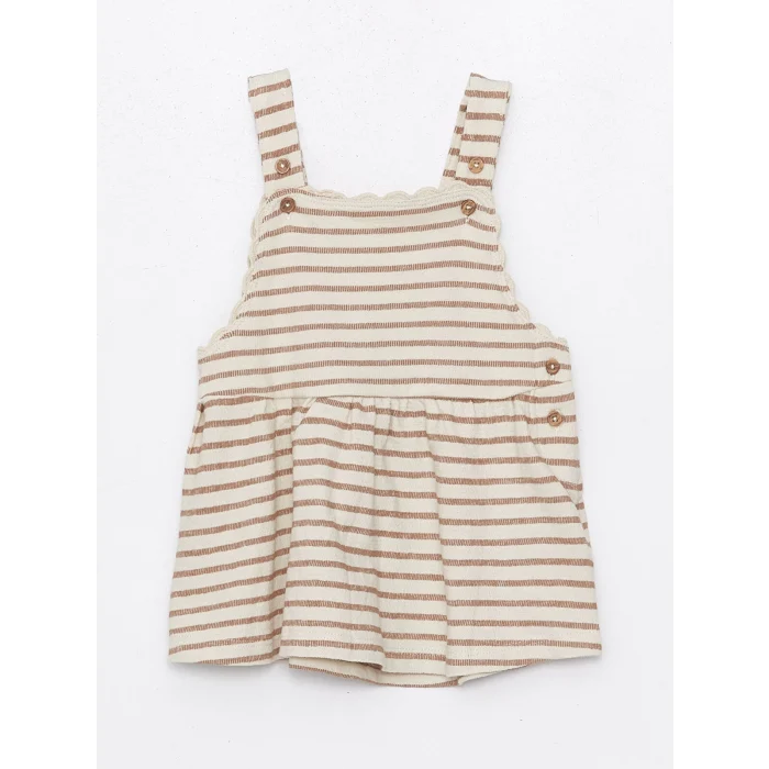 LCW baby EKRU Kare Yaka Çizgili Kız Bebek Elbise ve Tişört 2li Takım