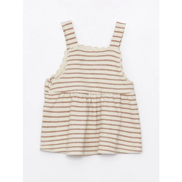 LCW baby EKRU Kare Yaka Çizgili Kız Bebek Elbise ve Tişört 2li Takım