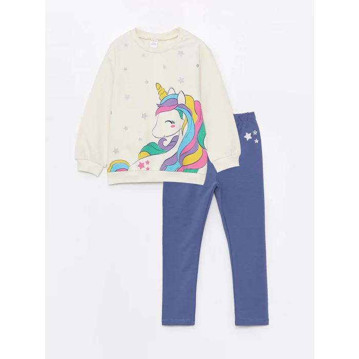 LCW Kids EKRU Bisiklet Yaka Uzun Kollu Kız Bebek Sweatshirt ve Eşofman Alt 2li Takım