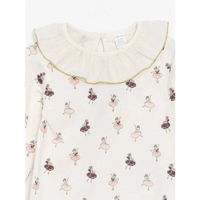 LCW Kids EKRU Bisiklet Yaka Uzun Kollu Baskılı Kız Bebek Bluz ve Tayt Pantolon 2li Takım