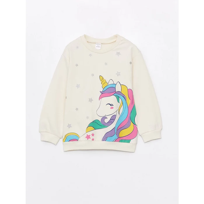 LCW Kids EKRU Bisiklet Yaka Uzun Kollu Kız Bebek Sweatshirt ve Eşofman Alt 2li Takım