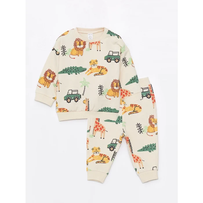 LCW baby EKRU Bisiklet Yaka Uzun Kollu Baskılı Erkek Bebek Sweatshirt ve Eşofman Altı 2li Takım