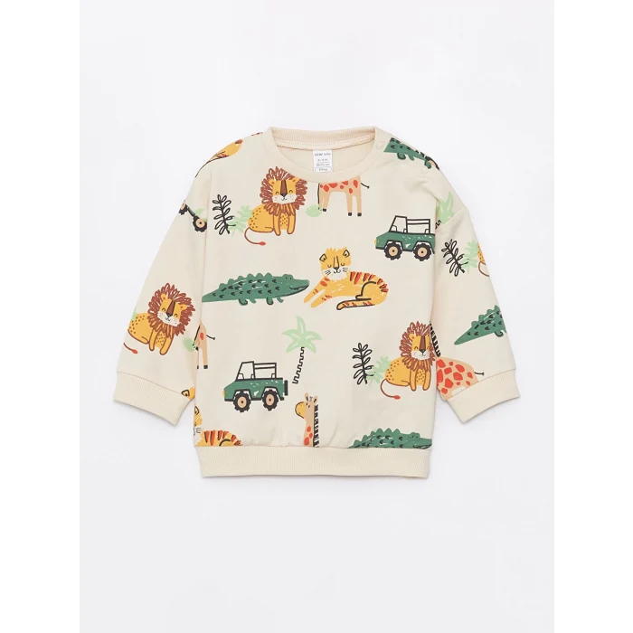 LCW baby EKRU Bisiklet Yaka Uzun Kollu Baskılı Erkek Bebek Sweatshirt ve Eşofman Altı 2li Takım