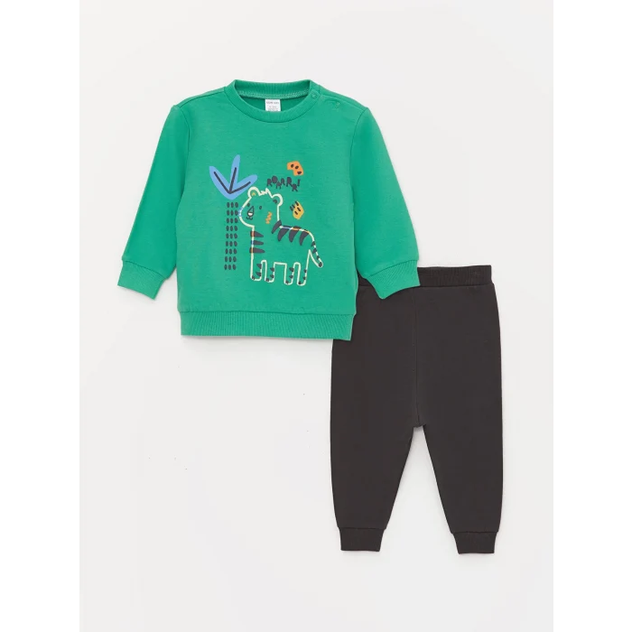 LCW baby YEŞİL Bisiklet Yaka Baskılı Erkek Bebek Sweatshirt ve Eşofman Alt 2li