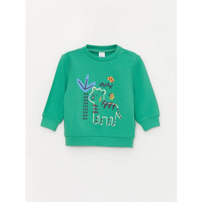 LCW baby YEŞİL Bisiklet Yaka Baskılı Erkek Bebek Sweatshirt ve Eşofman Alt 2li