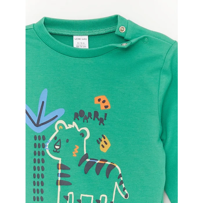 LCW baby YEŞİL Bisiklet Yaka Baskılı Erkek Bebek Sweatshirt ve Eşofman Alt 2li