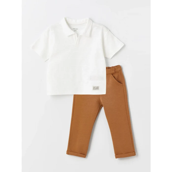 LCW Kids EKRU Polo Yaka Kısa Kollu Erkek Bebek Tişört ve Pantolon 2li Takım