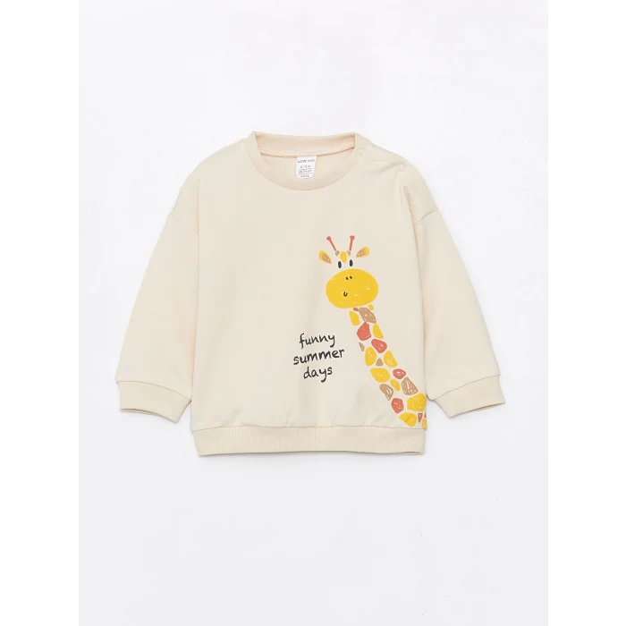LCW baby BEJ Bisiklet Yaka Uzun Kollu Baskılı Erkek Bebek Sweatshirt ve Eşofman Altı 2li Takım