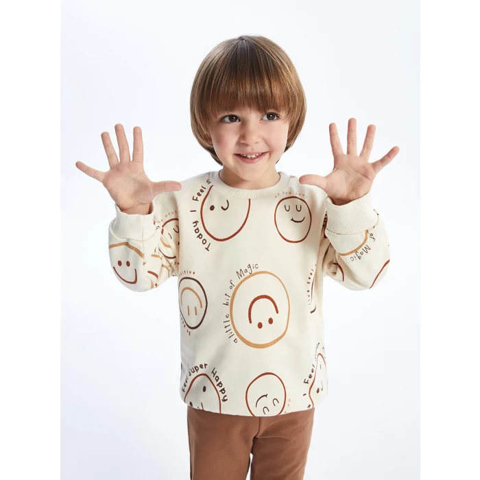 LCW Kids BEJ Bisiklet Yaka Uzun Kollu Baskılı Erkek Bebek Sweatshirt ve Eşofman Altı 2li Takım
