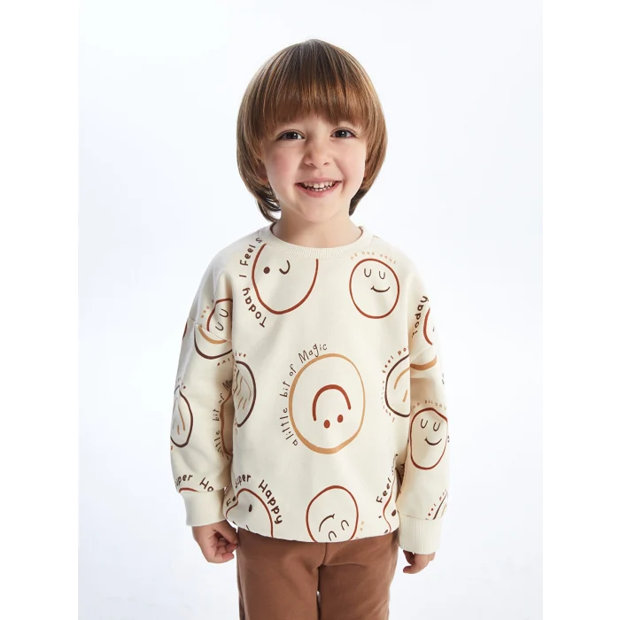 LCW Kids BEJ Bisiklet Yaka Uzun Kollu Baskılı Erkek Bebek Sweatshirt ve Eşofman Altı 2li Takım