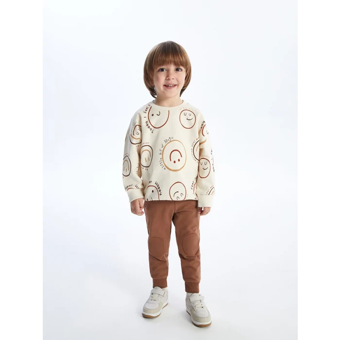 LCW Kids BEJ Bisiklet Yaka Uzun Kollu Baskılı Erkek Bebek Sweatshirt ve Eşofman Altı 2li Takım