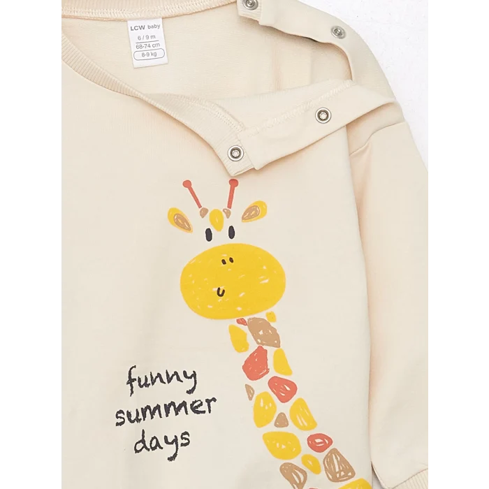 LCW baby BEJ Bisiklet Yaka Uzun Kollu Baskılı Erkek Bebek Sweatshirt ve Eşofman Altı 2li Takım