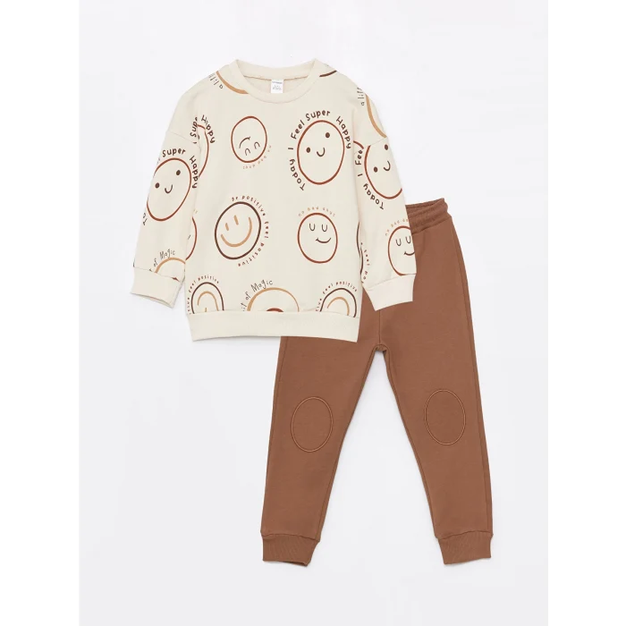 LCW Kids BEJ Bisiklet Yaka Uzun Kollu Baskılı Erkek Bebek Sweatshirt ve Eşofman Altı 2li Takım