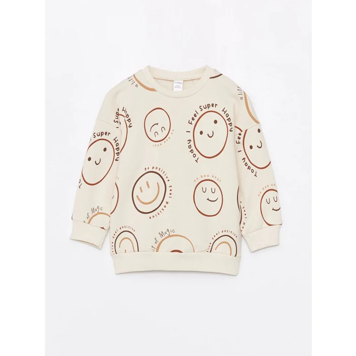 LCW Kids BEJ Bisiklet Yaka Uzun Kollu Baskılı Erkek Bebek Sweatshirt ve Eşofman Altı 2li Takım