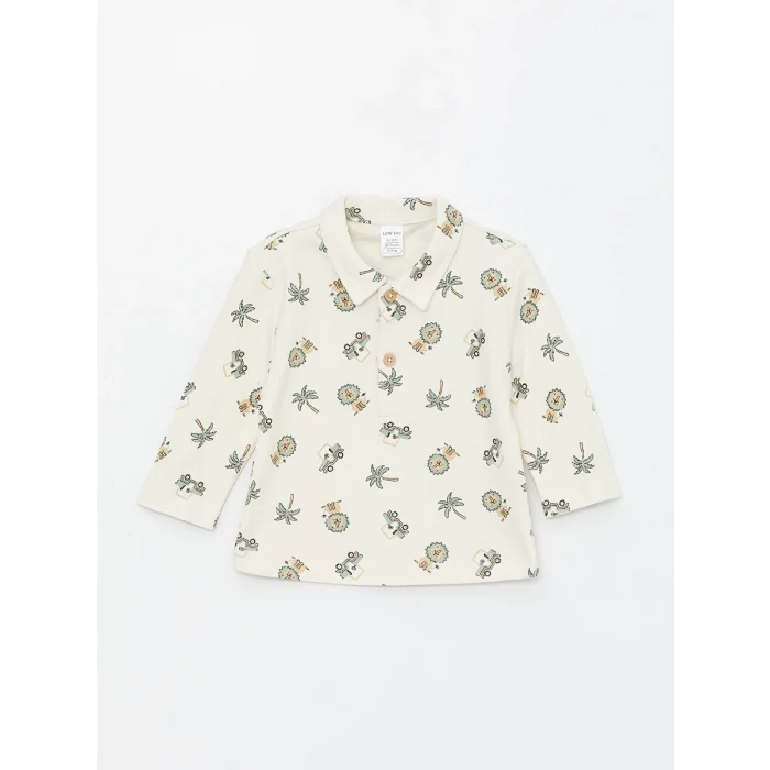 LCW baby EKRU Gömlek Yaka Baskılı Erkek Bebek Tişört ve Pantolon 2li Takım