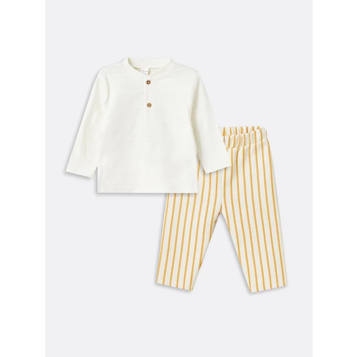 LCW baby EKRU Bisiklet Yaka Uzun Kollu Erkek Bebek Tişört ve Pantolon 2li Takım